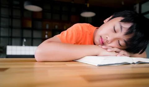 A boy sleeping with a text book.  Relax concept Stock-Fotos