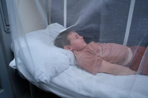 Boy sleeping in train bunk bed behind protective safety net. Child resting du Stock Photos