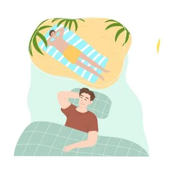 Boy slepping and seing himself sunbathing on beach in night dream Stock Illustration