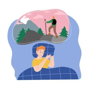 Boy slepping and seing himself traveling in mountains in night dream Stock Illustration