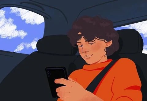 Boy with smart phone riding in back seat of car Stock Illustration
