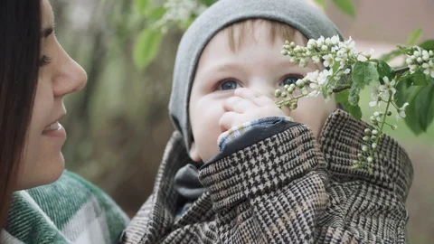 Boy smells flowers Stock-Footage 129888844
