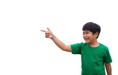 The boy smiled and pointed his hand to his side. on a white background Stock Photos