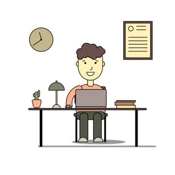 Boy smiling and doing homework with laptop Stock Illustration