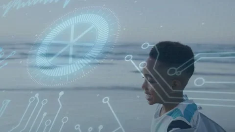 Boy smiling and looking to water, starting tech HUD overlaying frame, walking Stock Footage 333526158