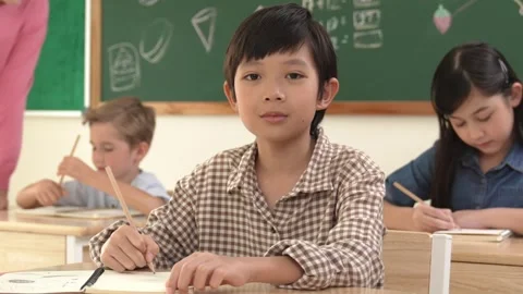 Boy smiling to camera while student writing answer in answer sheet. Pedagogy. Stock Footage 268485341