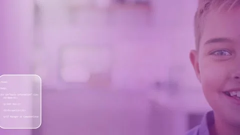 Boy smiling halfface in purple home code boxes starting on cut shifting over Stock Footage 334760307