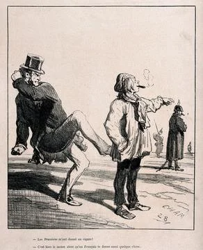 A boy smokes a cigar given him by a Prussian soldier; a furious Frenchman k.. Stock Illustration