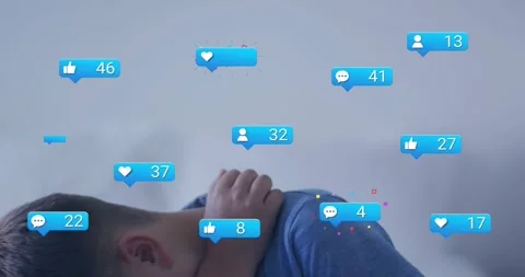 Boy sneezing reflex and covering mouth on bed, floating blue social media Stock Footage 330209592