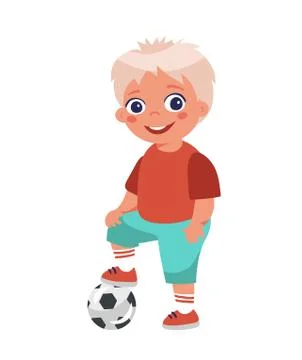 Boy soccer player posing put his foot on the ball. Cartoon character isolated on Stock-Illustration