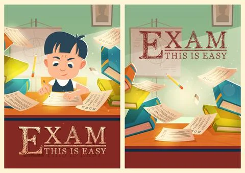 Boy solve test pass exam in school cartoon posters Stock Illustration