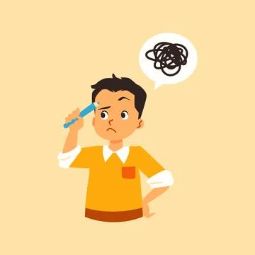 Boy solves problem or answers to question, flat vector illustration isolated. Stock Illustration