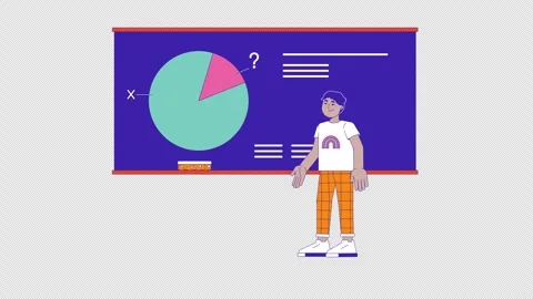 Boy solving math problem at blackboard 2D character animation Stock Footage 300296254