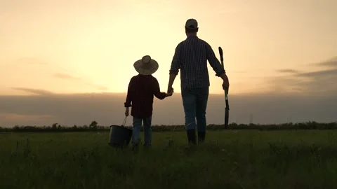 Boy son child father tree shovel plant farmer gardener field garden silhouette Stock Footage 287424127