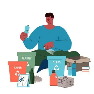 Boy is sorting garbage. Sorting plastic,paper, glass. Zero waste vector concept Illustrazione stock