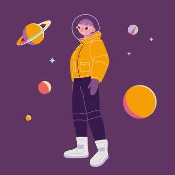 Boy in Space suit with planets and stars, cartoon style. Trendy modern vect.. Stock Illustration
