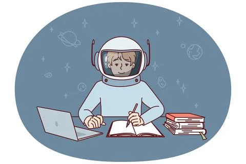 Boy in spacesuit sits at table with laptop and textbooks making notes in Stock Illustration