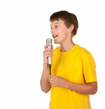 Boy speking with microphone Stock Photos