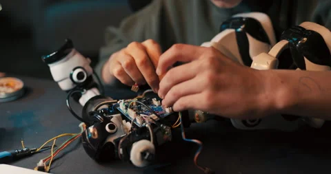 The boy spends time at home at desk digging into the electronics that power the Stock Footage 200988584