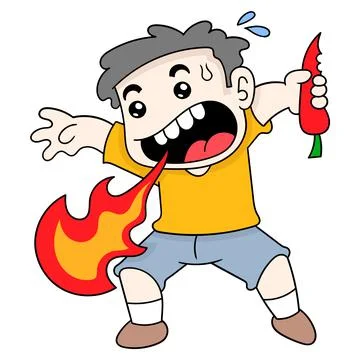 Boy spouts fire because he eats super spicy chili, doodle icon image kawaii Stock Illustration