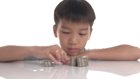 Boy stack coin on white background Stock Footage 115103246