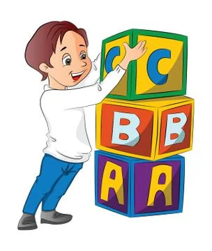 Boy Stacking Alphabet Blocks, illustration Stock Illustration