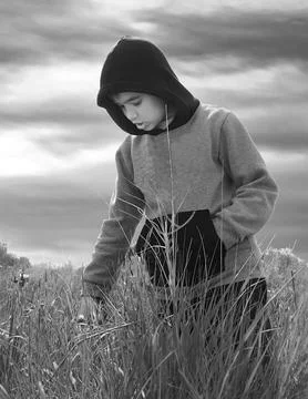 Boy standing and looking down at the fields. Stock Photos