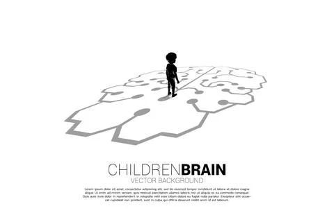 Boy standing on brain icon graphic on floor. Concept of education solution an Stock Illustration