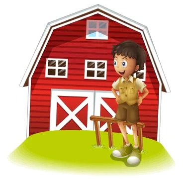 A boy standing in front of the red barnhouse Stock Illustration