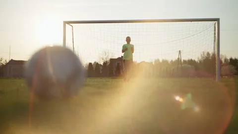 A boy standing at the gate catches the ball. The child plays football. Stock Footage 195612547