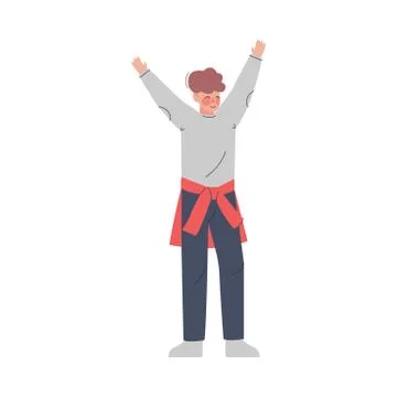 Boy Standing Hands Up, Guy with Raised Hands Having Fun, Celebrating Success Stock Illustration