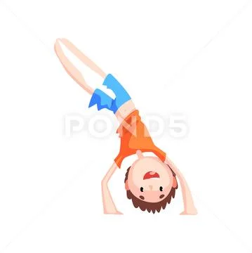 Boy standing on his hands practicing capoeira movement, kid character doing Stock Illustration