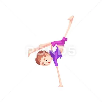 Boy standing on one hand practicing capoeira movement, kid character doing Stock Illustration