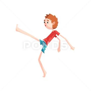Boy standing on one leg practicing capoeira movement, kid character doing Stock Illustration