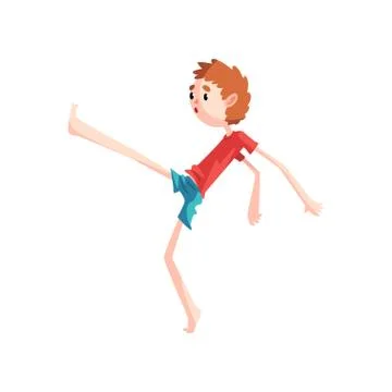 Boy standing on one leg practicing capoeira movement, kid character doing Stock Illustration
