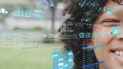 Boy standing in park, tech HUD updating and displaying real-time metrics, face Stock Footage 333925116