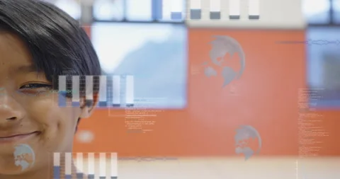 Boy standing before red wall after pause activating tech bar charts code Stock Footage 314868234