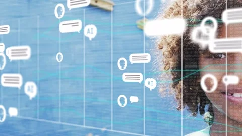 Boy standing right of blue wall, overlay spawning AI chat icons, tech chat Stock Footage 333463741