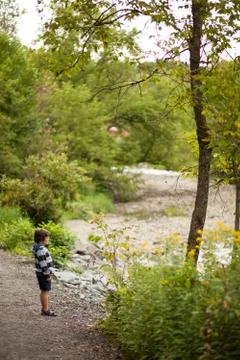 Boy standing by a river Stock Photos