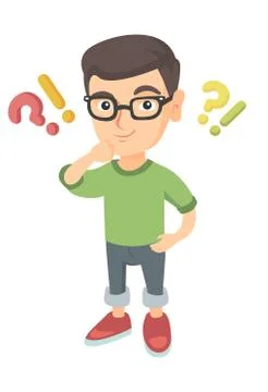 Boy standing under question and exclamation marks. Stock Illustration