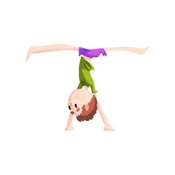 Boy standing upside down on his hands practicing capoeira movement, kid Stock Illustration
