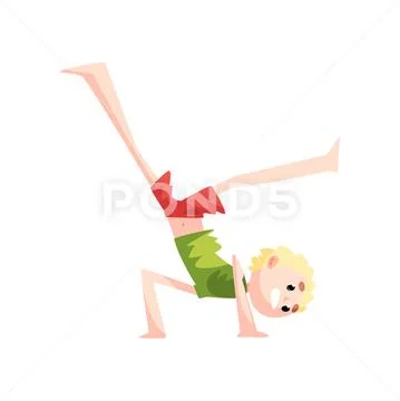 Boy standing upside down practicing capoeira movement, kid character doing Stock Illustration