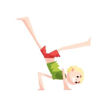 Boy standing upside down practicing capoeira movement, kid character doing Stock Illustration