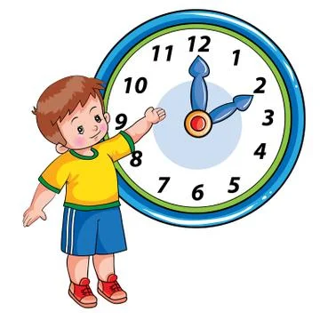 Boy stands next to a large clock and shows it with his hand, the clock is two Stock Illustration