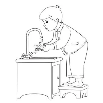 Boy stands on a stool and washes his hands under running water, outline drawing Stock Illustration