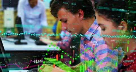 Boy starting data input in tech class, girl typing, graphs animating while Stock Footage 316186448