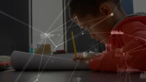 Boy starting writing in notebook, generating animated nodes, charts illustrating Stock Footage 311505502