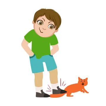 Boy Stepping On Cats Tail, Part Of Bad Kids Behavior And Bullies Series Of Stock Illustration