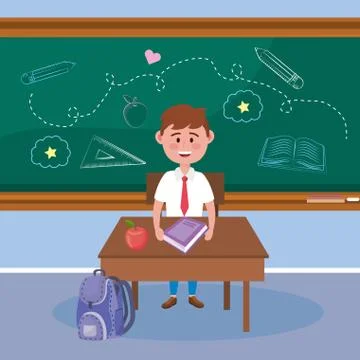 Boy student with apple fruit and book in the desk 库存插图