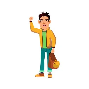 Boy student with backpack showing power cartoon vector Ilustración de archivo